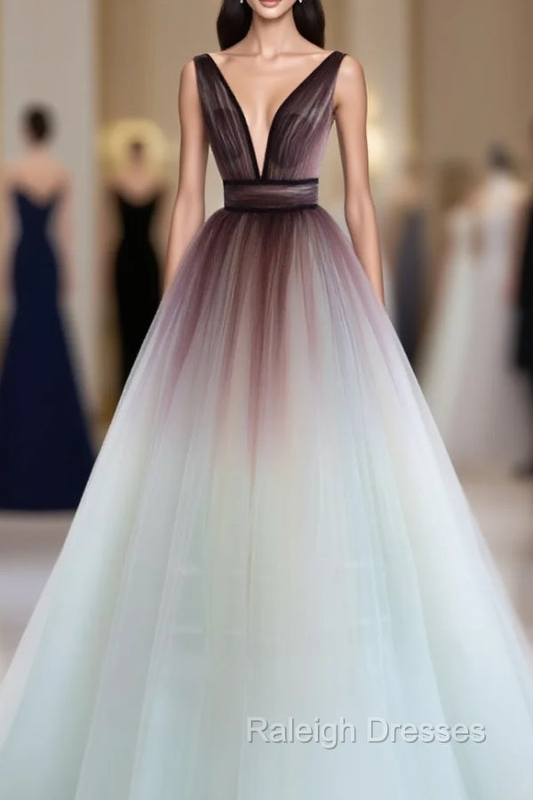 A-Line V Neck Tulle Long Brown Prom Dresses, Tulle Long Evening Dresses