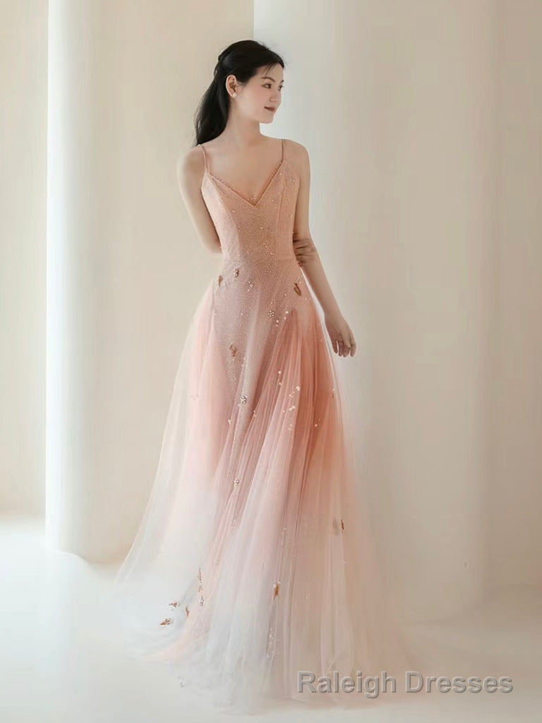 A-Line V Neck Tulle Pink Long Prom Dress, Pink Tulle Long Evening Dress Secondary image