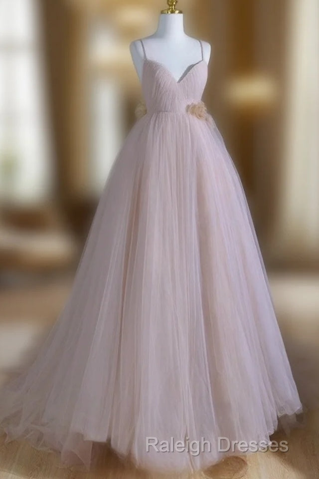 A-Line V Neck Tulle Pink Long Prom Dress, Pink Tulle Long Formal Dress Main image