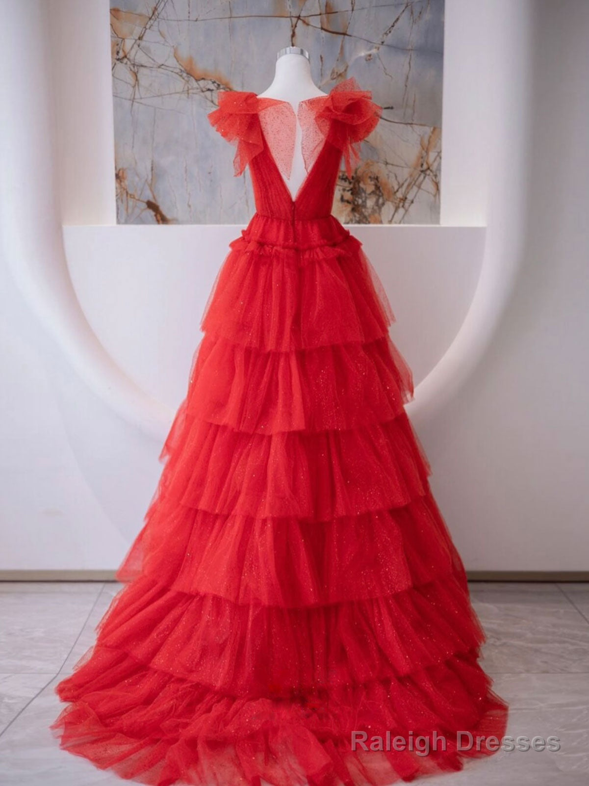 A-Line V Neck Tulle Red Long Prom Dress, Red Formal Evening Dress