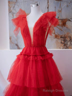 A-Line V Neck Tulle Red Long Prom Dress, Red Formal Evening Dress