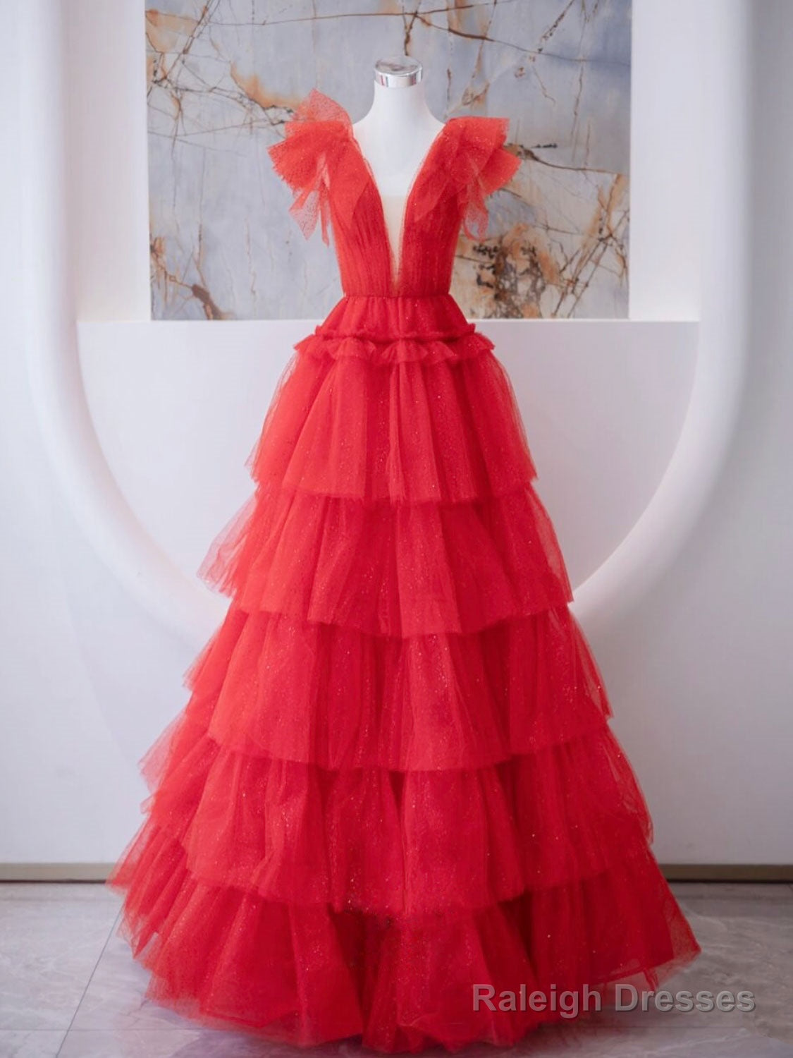 A-Line V Neck Tulle Red Long Prom Dress, Red Formal Evening Dress Main image