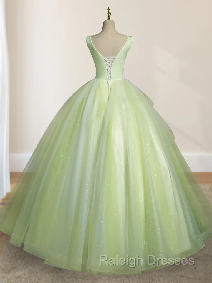 A-Line V Neck Tulle Sage Green Long Prom Quinceanera Dresses Secondary image