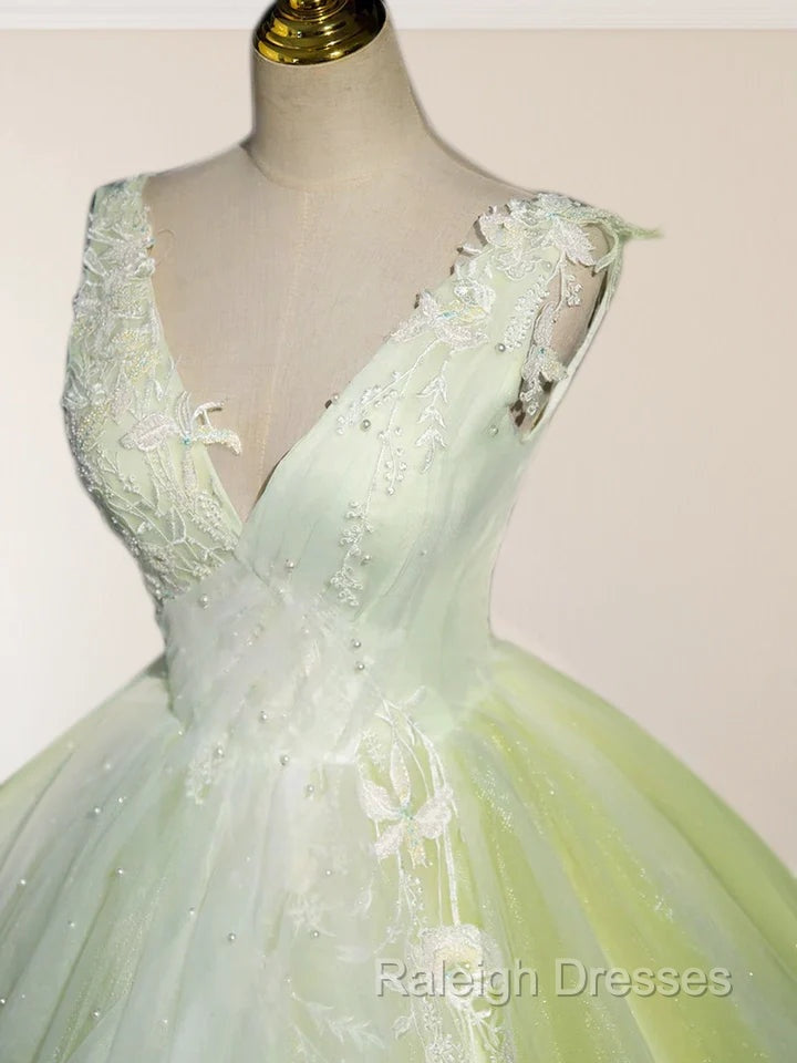 A-Line V Neck Tulle Sage Green Long Prom Quinceanera Dresses