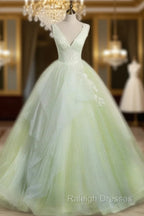 A-Line V Neck Tulle Sage Green Long Prom Quinceanera Dresses