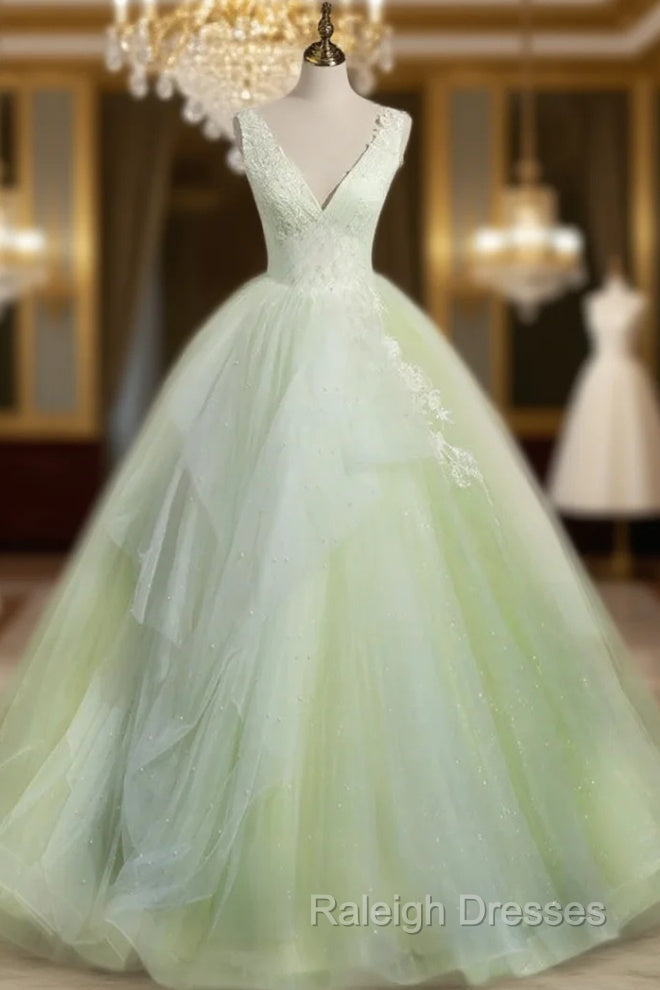 A-Line V Neck Tulle Sage Green Long Prom Quinceanera Dresses