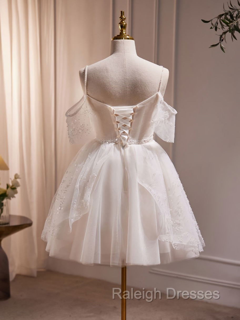 A-Line V Neck Tulle Short Beige Prom Dress, Cute Beige Homecoming Dress Secondary image