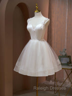 A Line v neck tulle Short Beige Prom Dresses, Cute Puffy Beige Homecoming Dresses With Beading