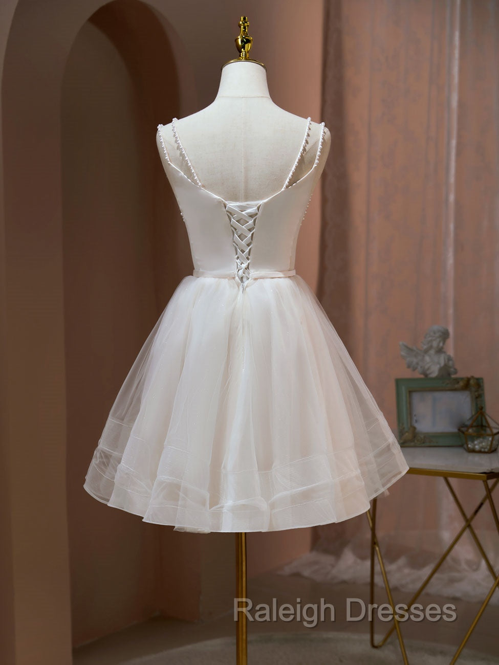 A Line v neck tulle Short Beige Prom Dresses, Cute Puffy Beige Homecoming Dresses With Beading