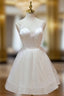 A Line v neck tulle Short Beige Prom Dresses, Cute Puffy Beige Homecoming Dresses With Beading