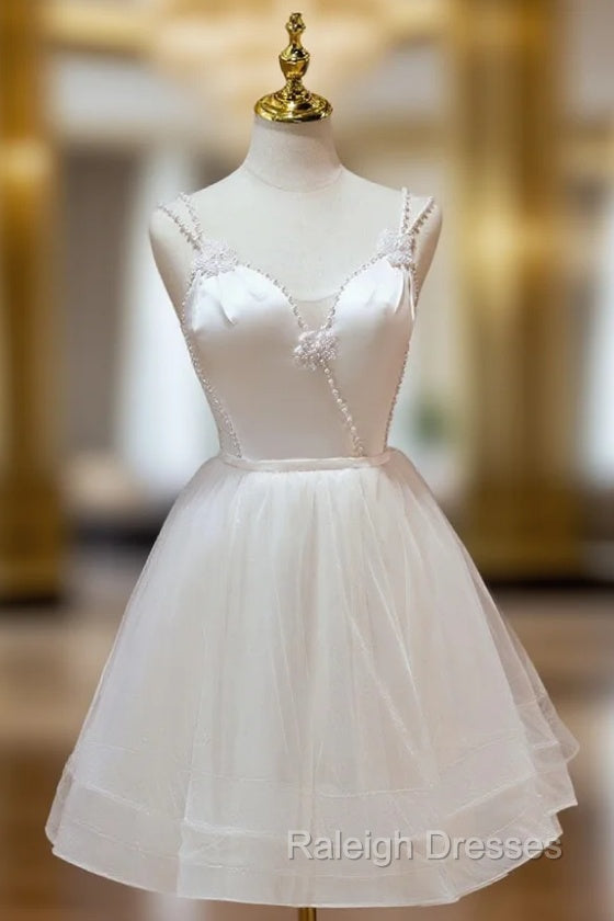 A Line v neck tulle Short Beige Prom Dress Cute Puffy Beige Homecoming Dress With Beading Main image