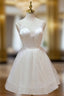 A Line v neck tulle Short Beige Prom Dress Cute Puffy Beige Homecoming Dress With Beading