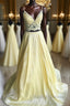 A Line V Neck Two Pieces Lace Top Yellow Prom Dress, Two Pieces Yellow Formal Dress, Yellow Lace Evening Dress