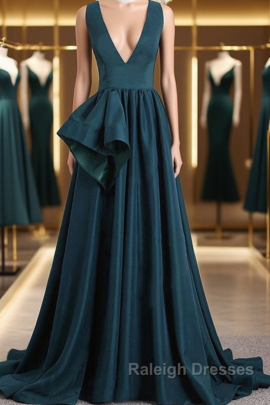 A Line V Neck V Back Green Satin Long Prom Dresses, Long Green Formal Evening Dresses Main image