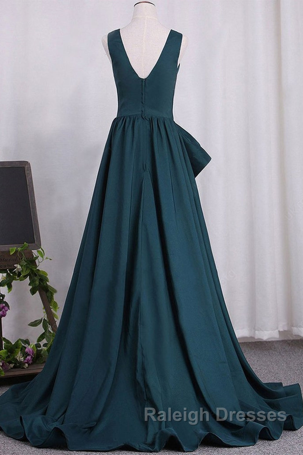 A Line V Neck V Back Green Satin Long Prom Dresses, Long Green Formal Evening Dresses Secondary image