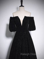 A Line V Neck Velvet Black Long Prom Dresses Black Prom Dresses