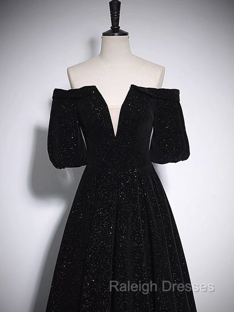 A Line V Neck Velvet Black Long Prom Dresses Black Prom Dresses