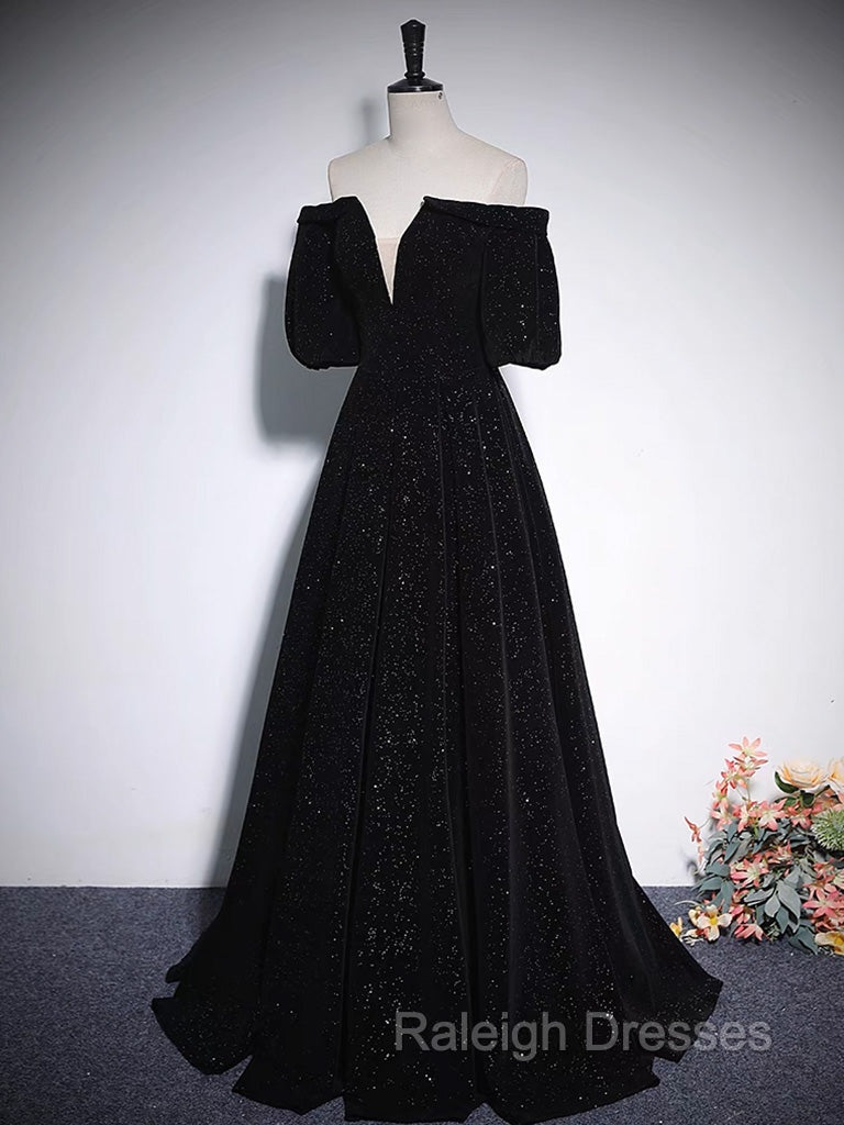 A-Line V Neck Velvet Black Long Prom Dress, Black Formal Evening Dress Secondary image