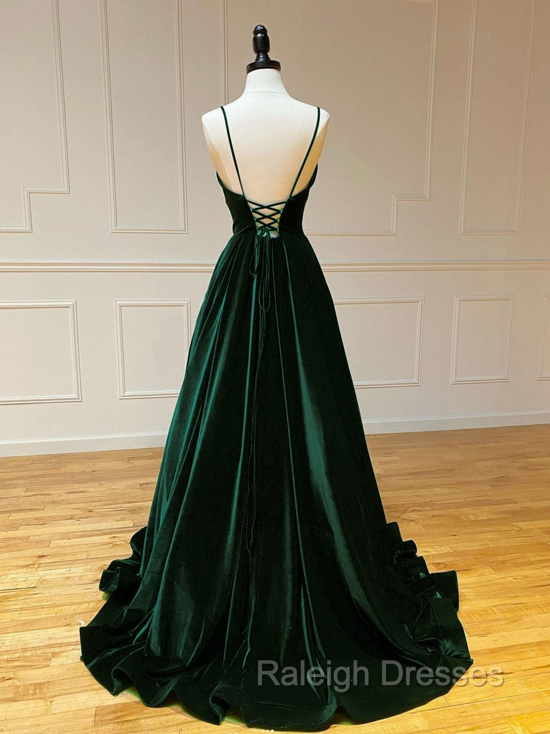 A-Line V Neck Velvet Green Long Prom Dresses, Green Velvet Formal Dress Secondary image