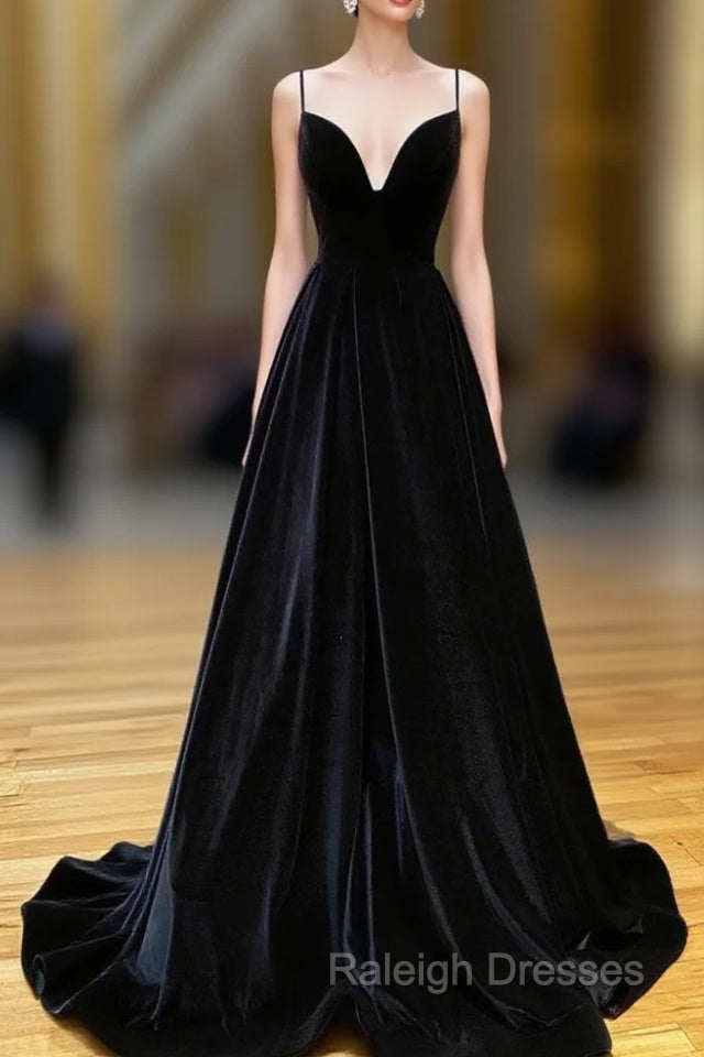 A-Line V Neck Velvet Green Long Prom Dresses, Green Velvet Formal Dress