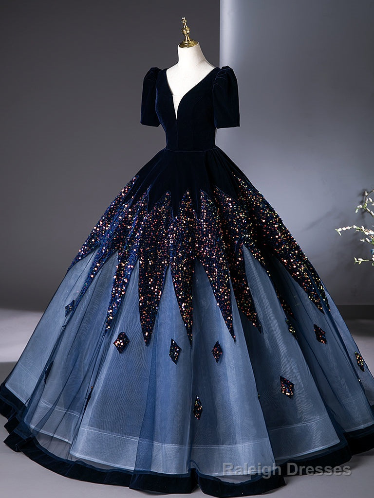 A-Line V Neck Velvet Tulle Dark Blue Long Prom Dress, Dark Blue Long Evening Dress Secondary image