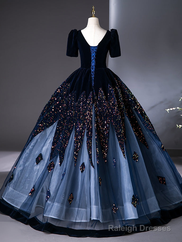 A-Line V Neck Velvet Tulle Dark Blue Long Prom Dress, Dark Blue Long Evening Dress