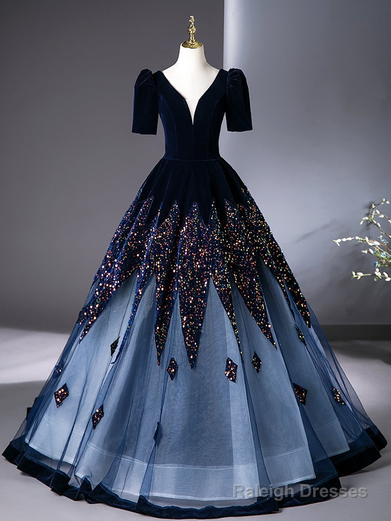 A-Line V Neck Velvet Tulle Dark Blue Long Prom Dress, Dark Blue Long Evening Dress Main image
