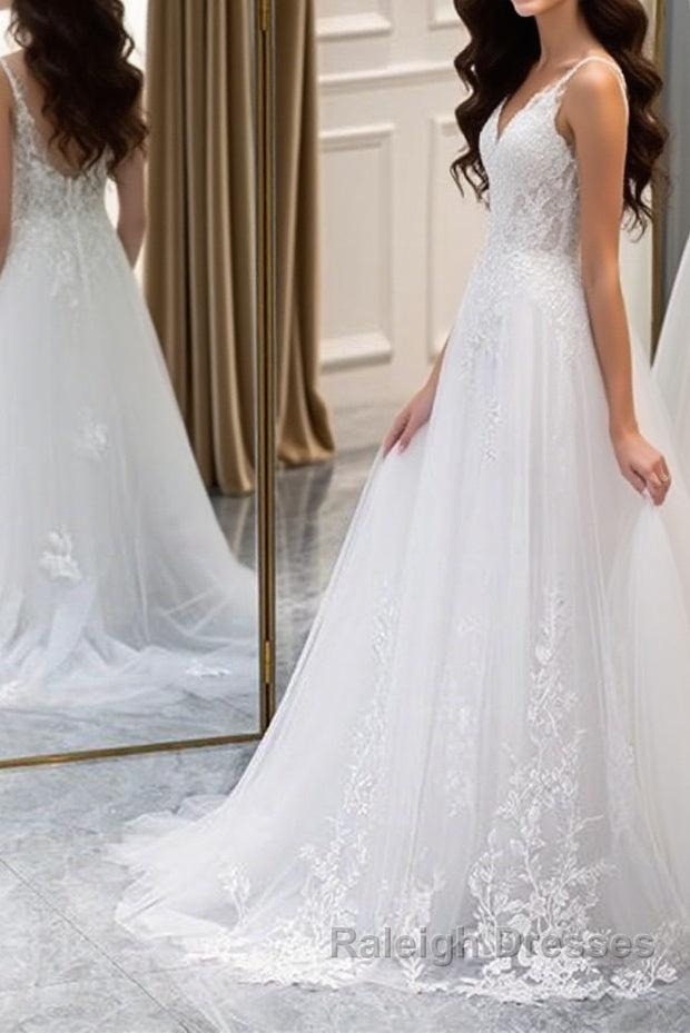 A Line V Neck White Lace Long Prom Dresses White Lace Wedding Dresses White Prom Dresses