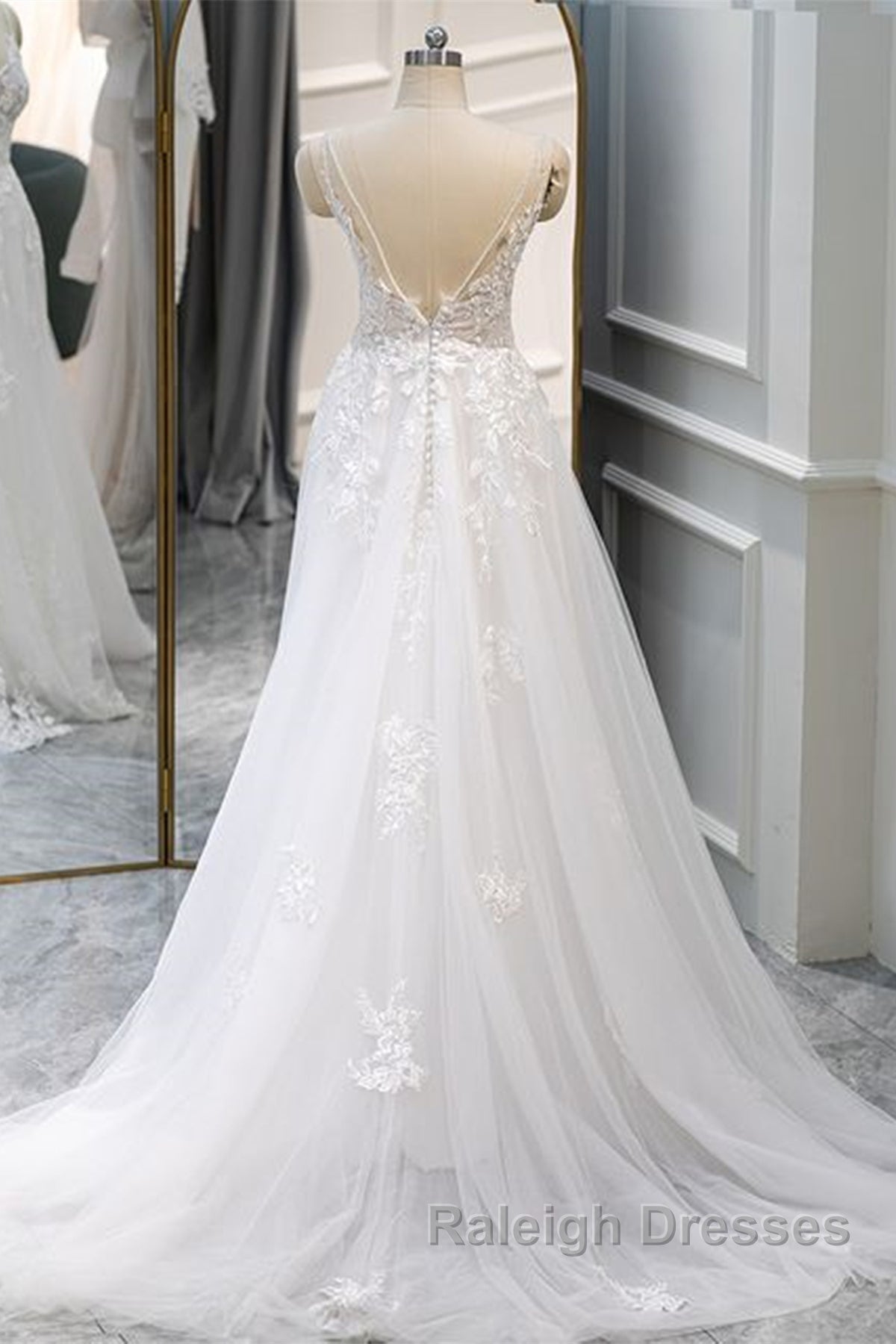 A Line V Neck White Lace Long Prom Dresses White Lace Wedding Dresses White Prom Dresses