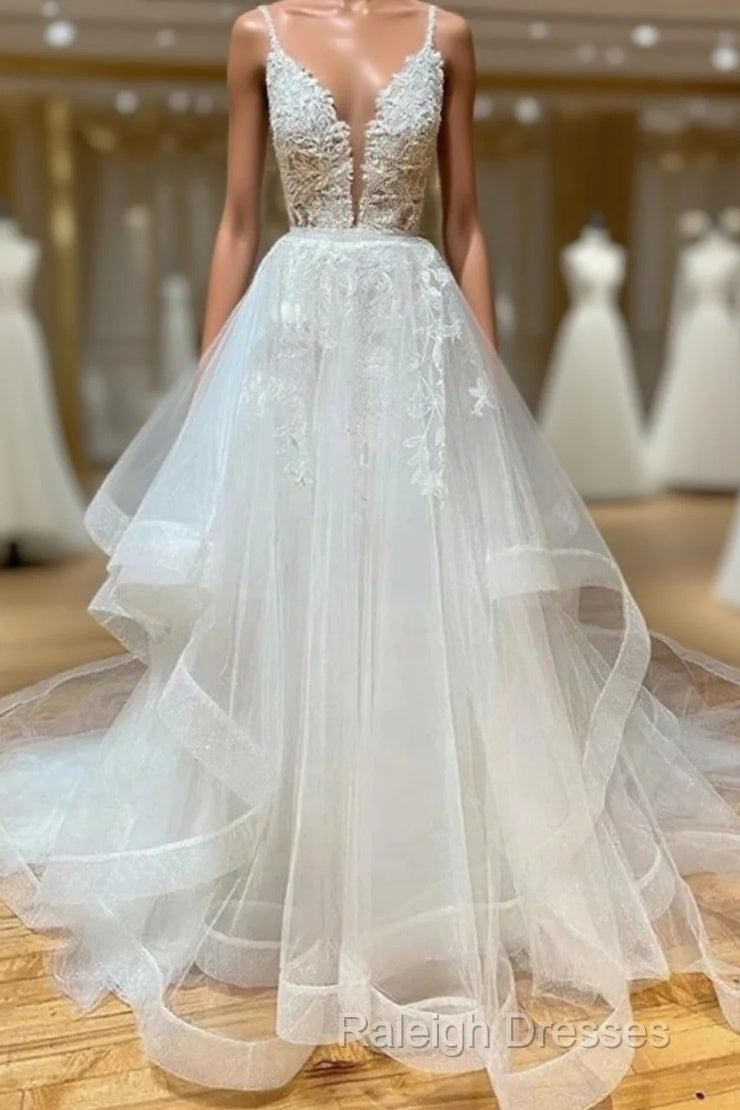 A-Line V Neck White Lace Long Ruffles Wedding Dresses Main image