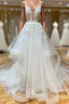 A-Line V Neck White Lace Long Ruffles Wedding Dresses