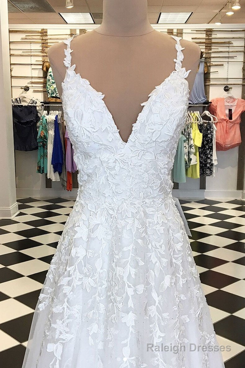 A Line V Neck White Lace Prom Dresses, White Lace Formal Graduation Bridesmaid Dresses