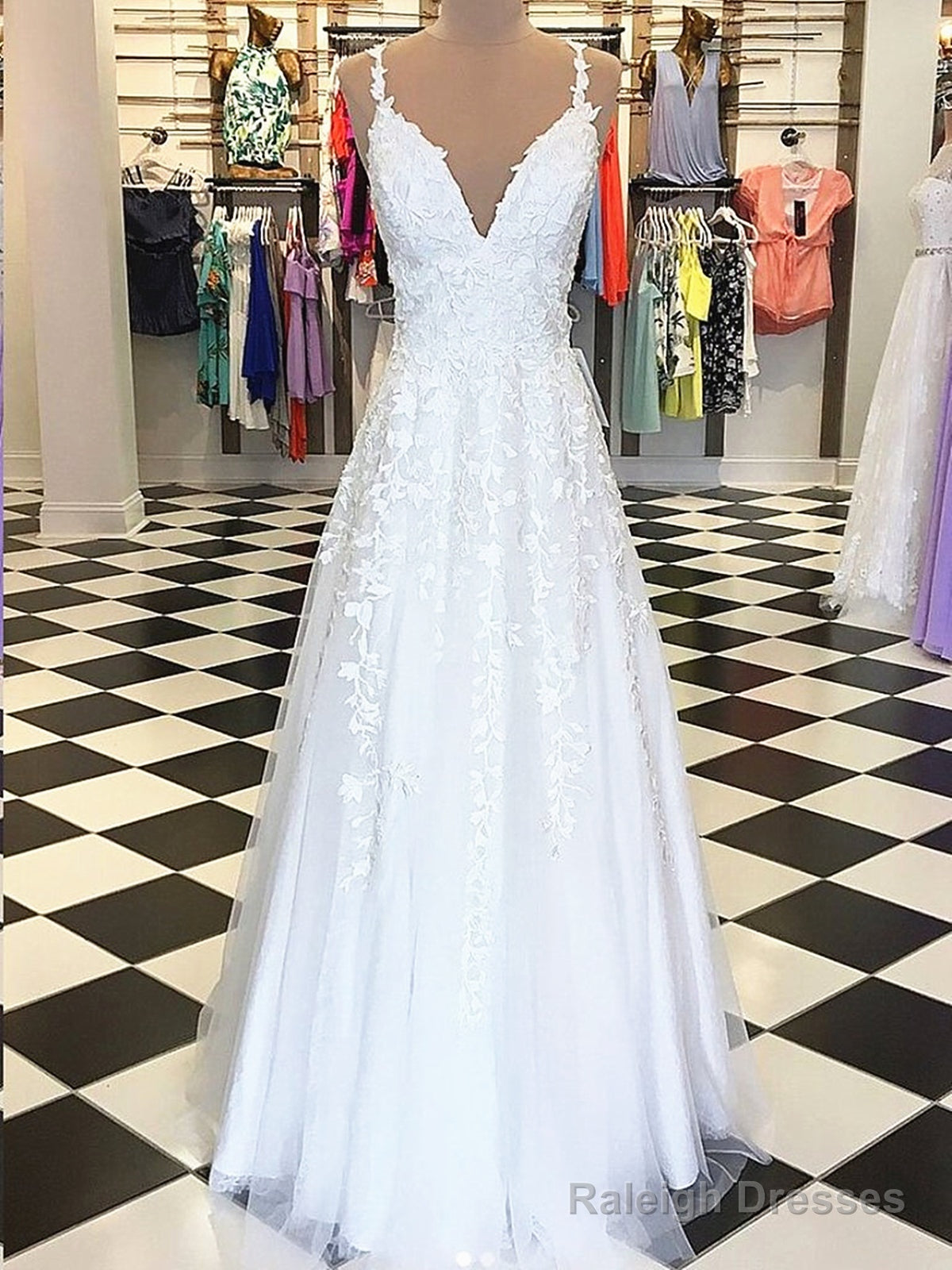 A Line V Neck White Lace Prom Dresses, White Lace Formal Graduation Br
