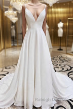 A Line V Neck White Wedding Dresses with Lace Back, White V Neck Prom Formal Dresses