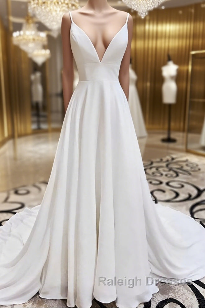 A Line V Neck White Wedding Dress with Lace Back White V Neck Prom Dress