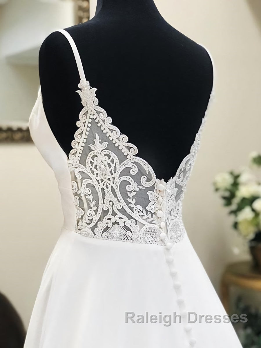 A Line V Neck White Wedding Dresses with Lace Back, White V Neck Prom Formal Dresses Secondary image