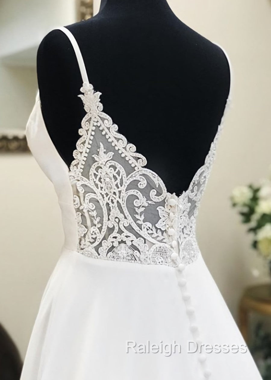 A Line V Neck White Wedding Dresses with Sweep Train, White Formal Evening Prom Dresses Secondary image