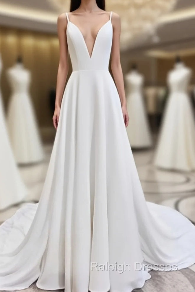 A Line V Neck White Wedding Dresses with Sweep Train, White Formal Evening Prom Dresses Main image