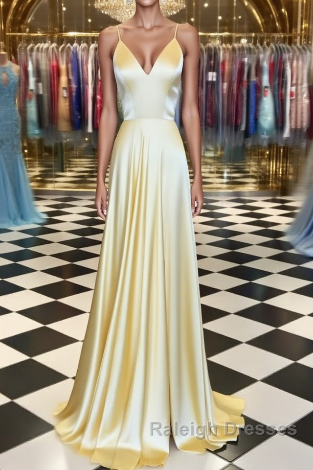 A Line V Neck Yellow Long Prom Dresses, Yellow Long Backless Formal Evening Dresses Main image