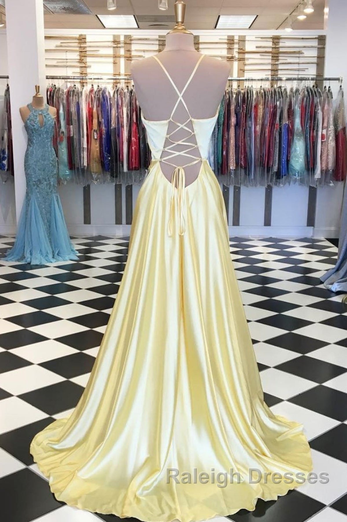 A Line V Neck Yellow Long Prom Dress Yellow Long Backless Prom Dress