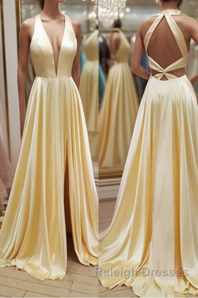 A Line V Neck Yellow Satin Long Prom Dresses, V Neck Backless Yellow Formal Evening Dresses Main image