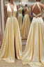 A Line V Neck Yellow Satin Long Prom Dresses, V Neck Backless Yellow Formal Evening Dresses