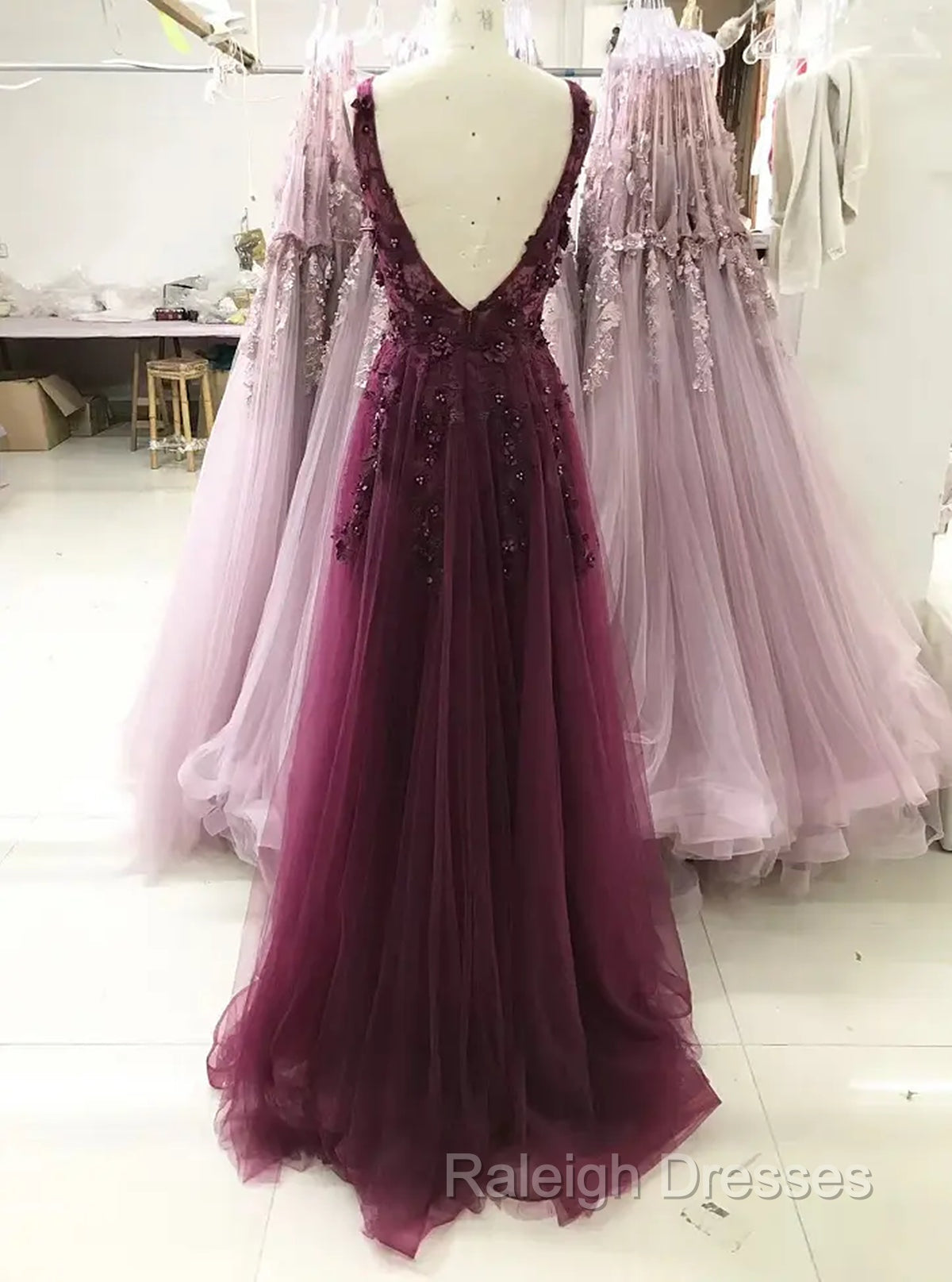 A-line V-neckline Flowers Tulle  Evening Dress Prom Dress, Long Wedding Party Dress Secondary image