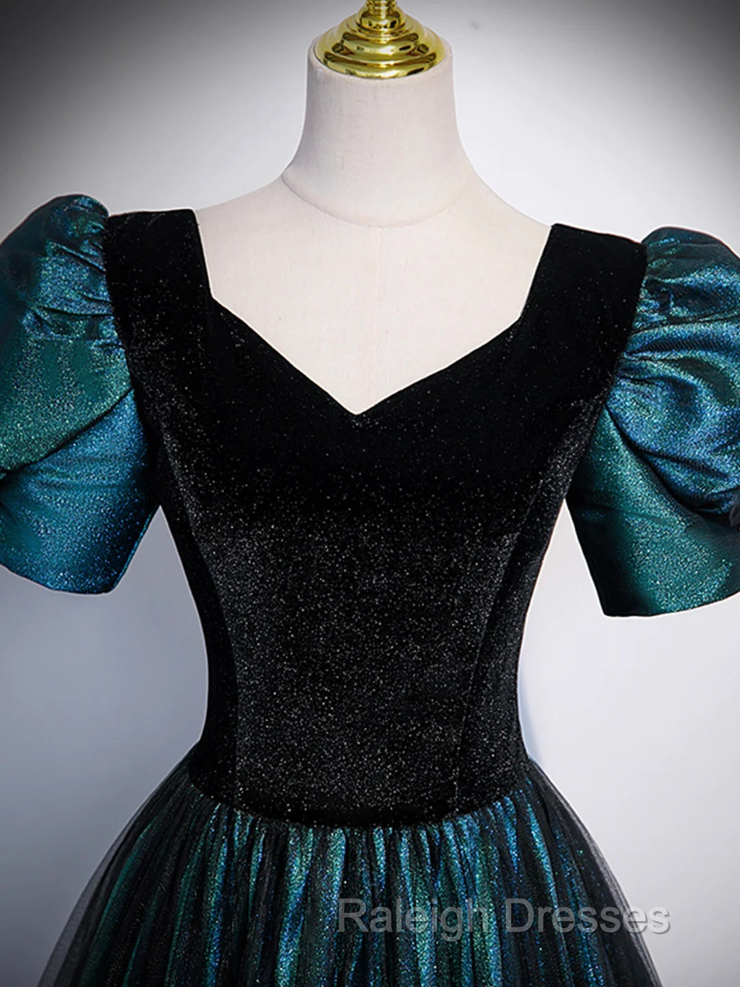 A-Line Velvet And Tulle Long Prom Dress, Short Sleeve  Party Dress Formal Dress