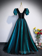A-Line Velvet And Tulle Long Prom Dress, Short Sleeve  Party Dress Formal Dress
