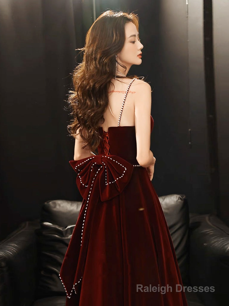 A-Line Velvet Burgundy Long Prom Dress, Burgundy Long Evening Dress Secondary image