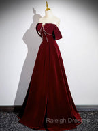 A-Line Velvet Burgundy Long Prom Dress, Burgundy Long Formal Dress