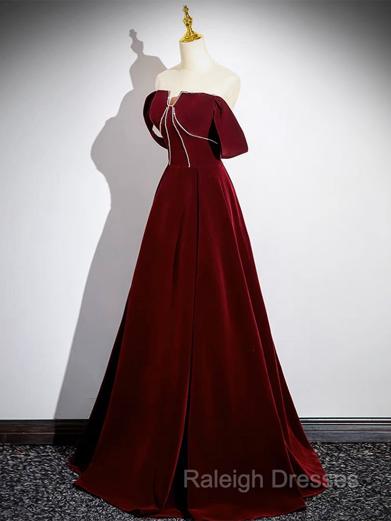 A-Line Velvet Burgundy Long Prom Dress, Burgundy Long Formal Dress