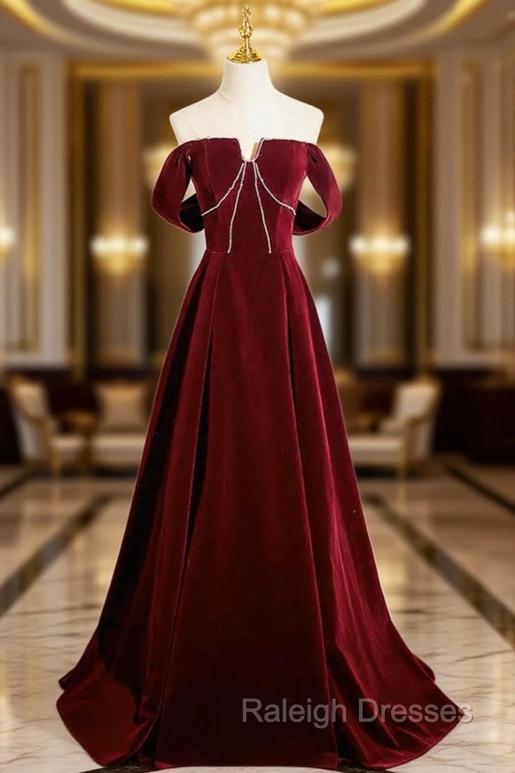 A-Line Velvet Burgundy Long Prom Dress, Burgundy Long Formal Dress