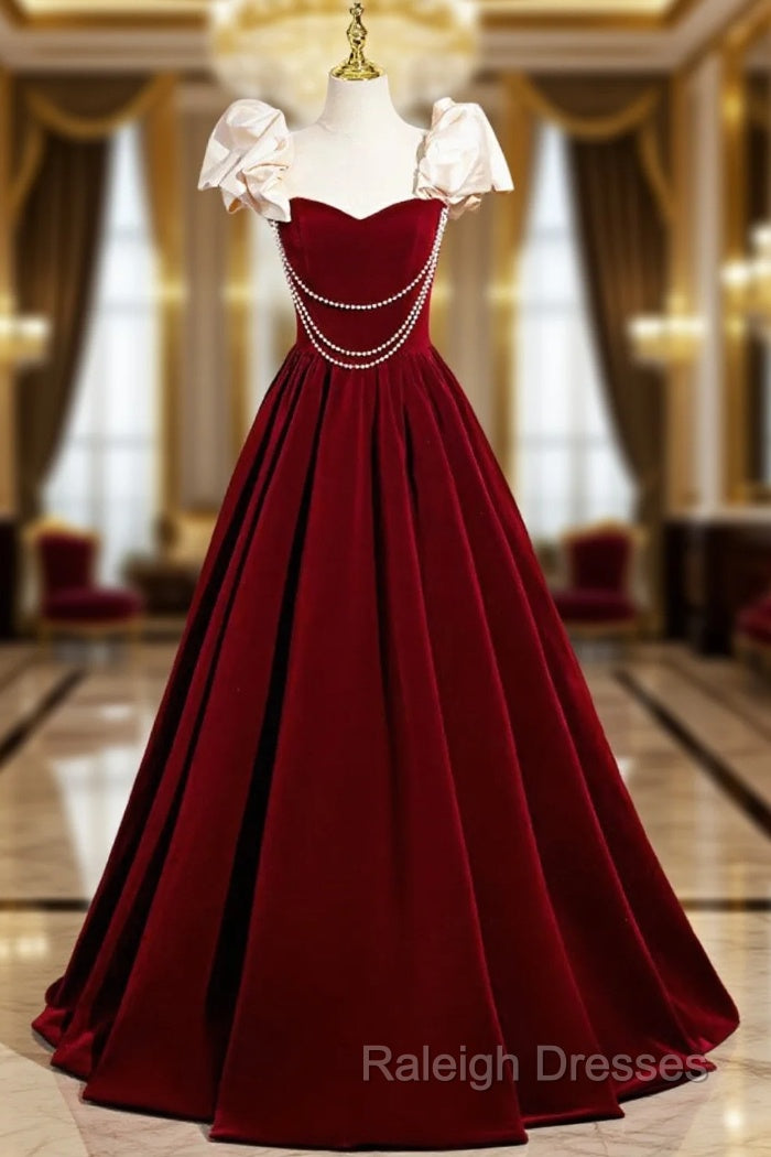 A-Line Velvet Floor Length Prom Dress, Burgundy Off the Shoulder Evening Party Dress Main image